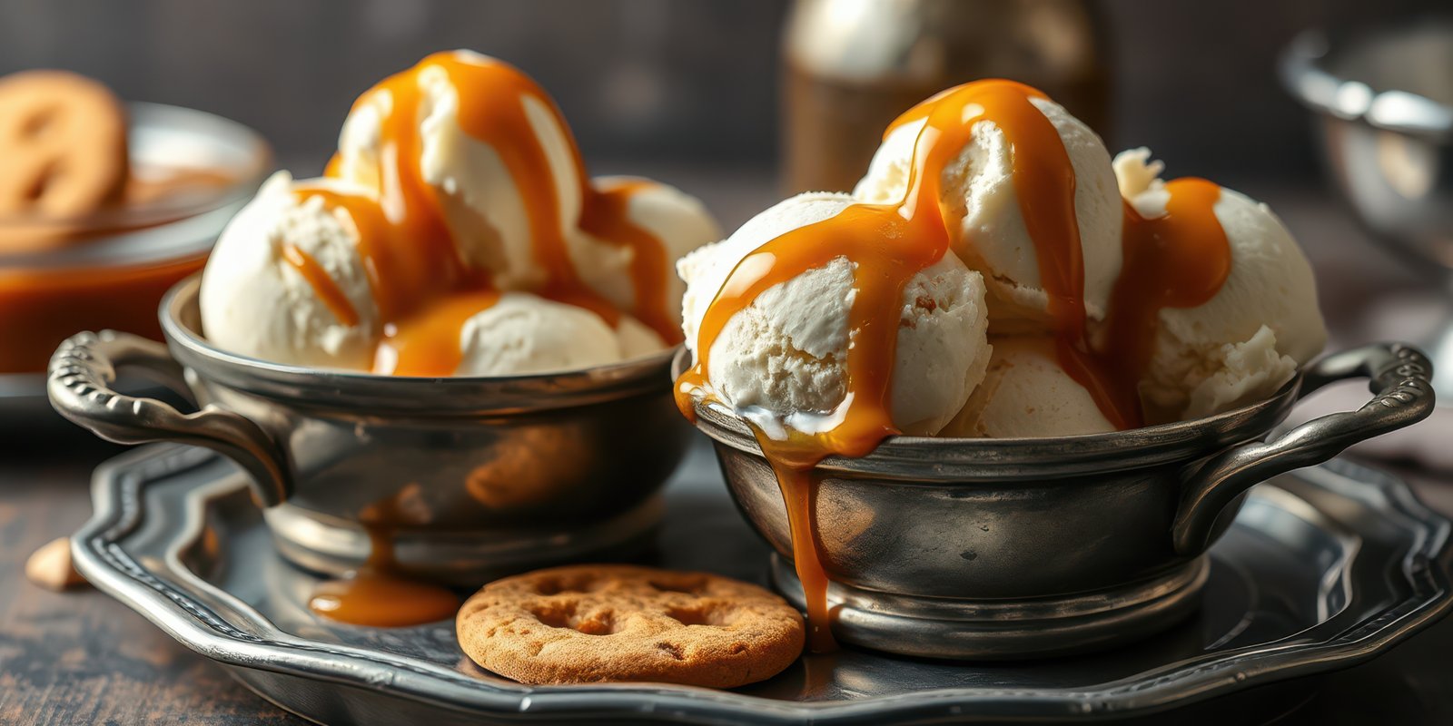 Delicious ice cream served in silver bowls topped with caramel and paired with cookies